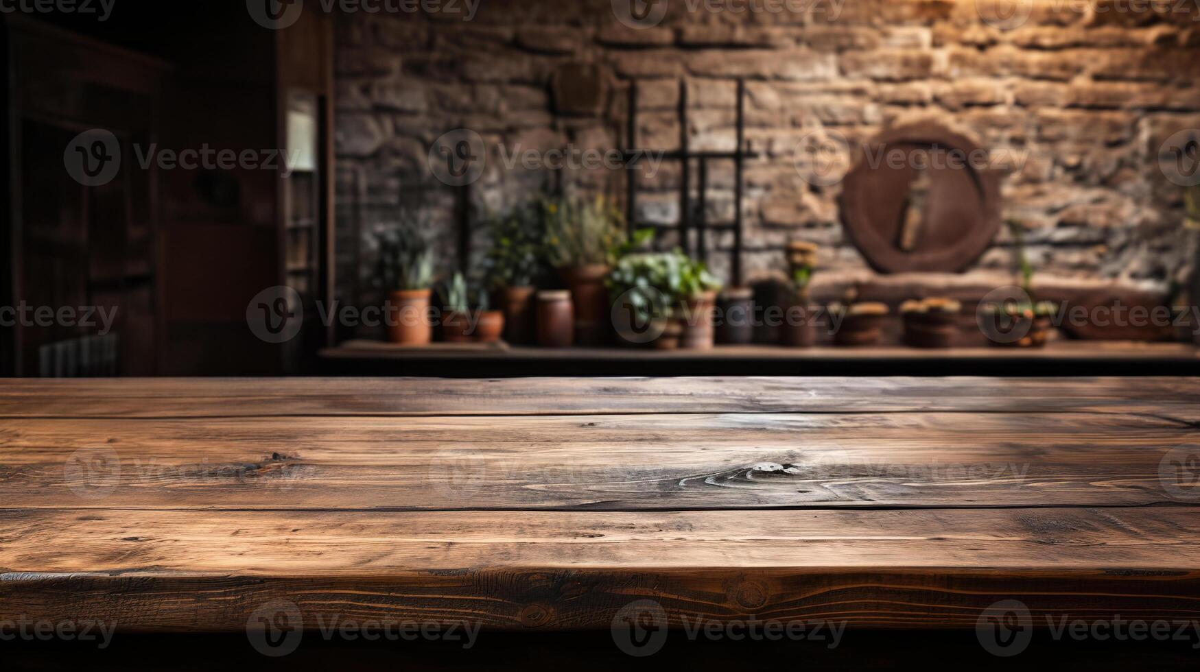 a front view of a dark rustic brown, empty wooden table for product placement with blurry background, serving as a blank wood table mockup, photo