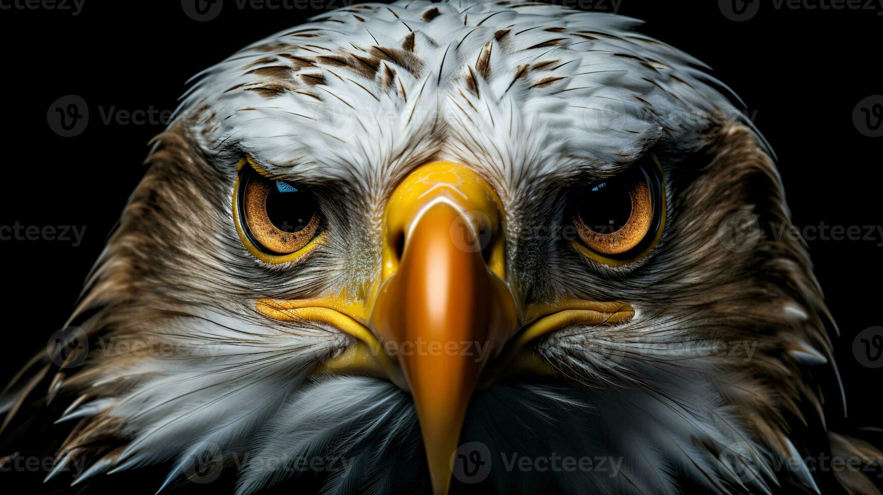 Intense Gaze of a Bird of Prey, Close Up of Bald Eagle's Eyes with Striking Orange Color on a Dramatic Black Background photo