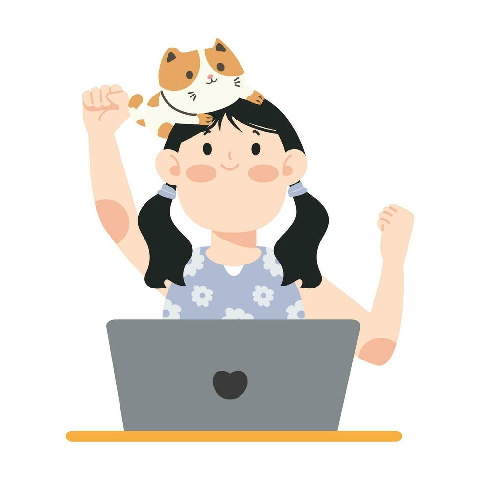happy  woman worker with cat vector