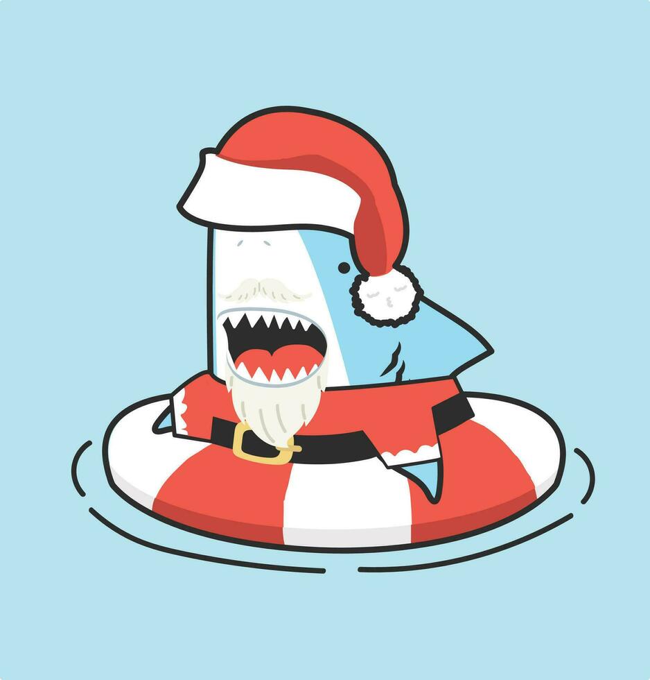 Cute shark santa inflatable swim ring vector