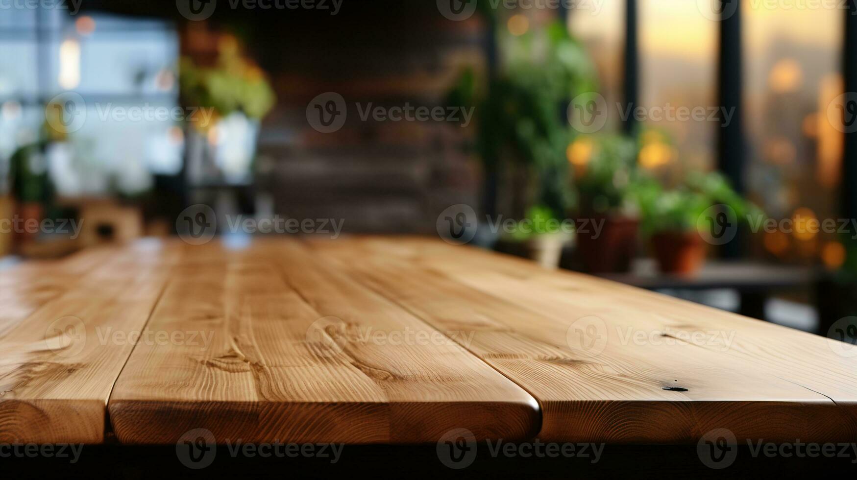 Natural Oak Wooden Table Mockup - Front View of Empty Blank Wood Table, Ideal for Product Placement with a Blurry Background. photo