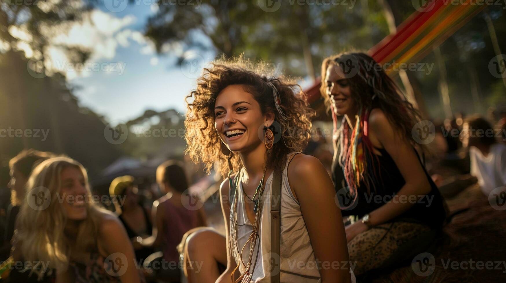 Young Women with friends Having a Very Good Time at Outdoor Concert, Bathed in Afternoon Light, Ai generative photo