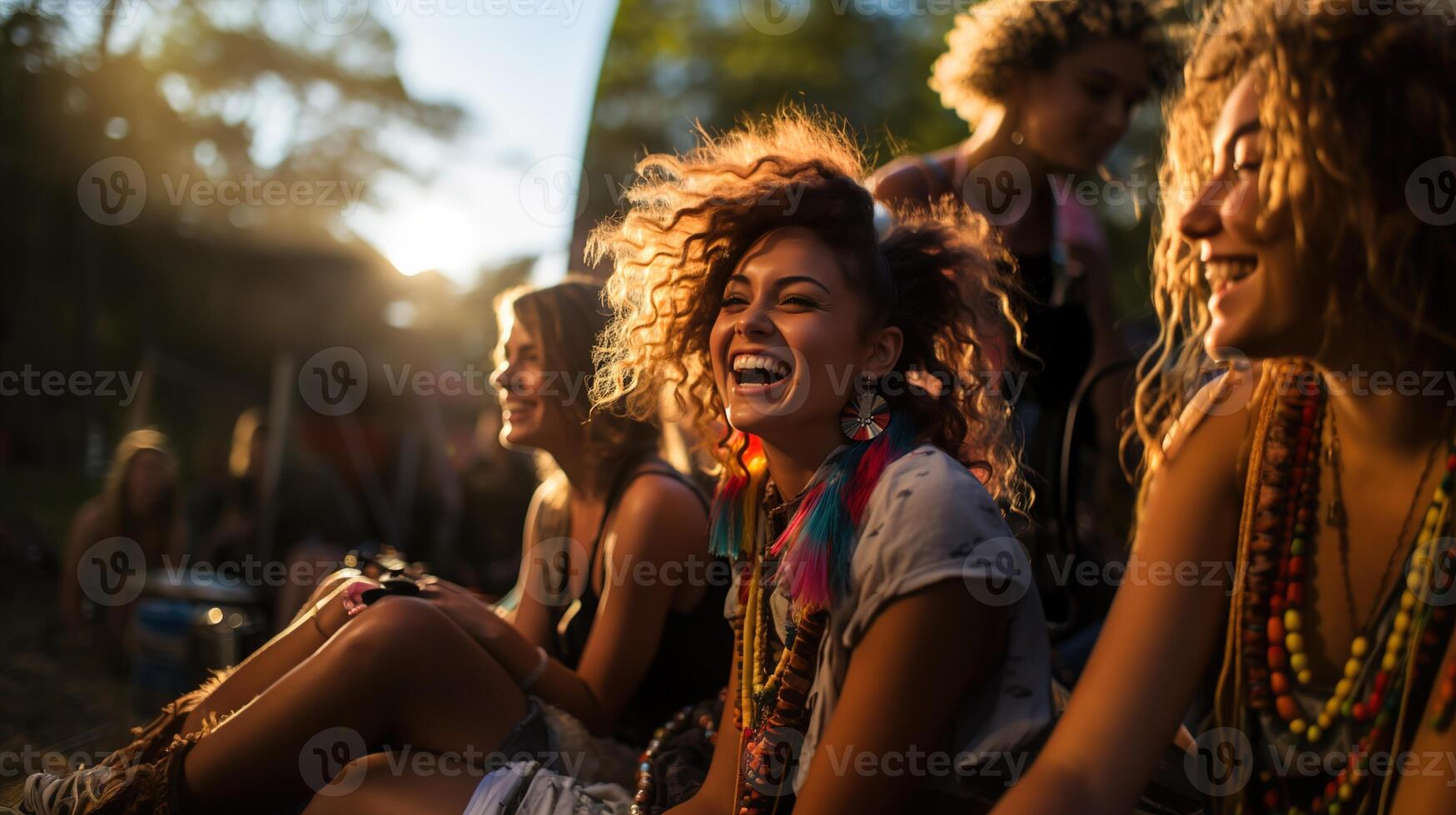 Young Women with friends Having a Very Good Time at Outdoor Concert, Bathed in Afternoon Light, photo