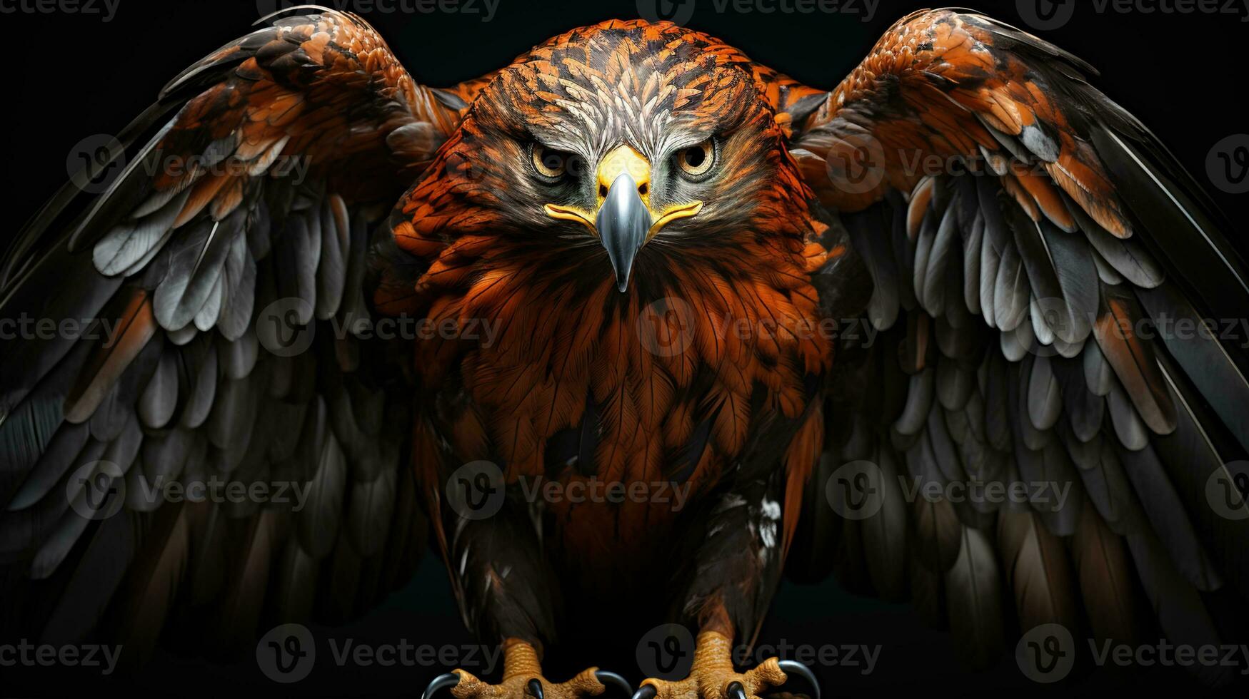 Intense Bird of Prey Gaze, Close-Up of Red-tailed Hawk's Eyes and Full Body on a Dramatic Black Background, Revealing Nature's Wonders, Ai generative photo