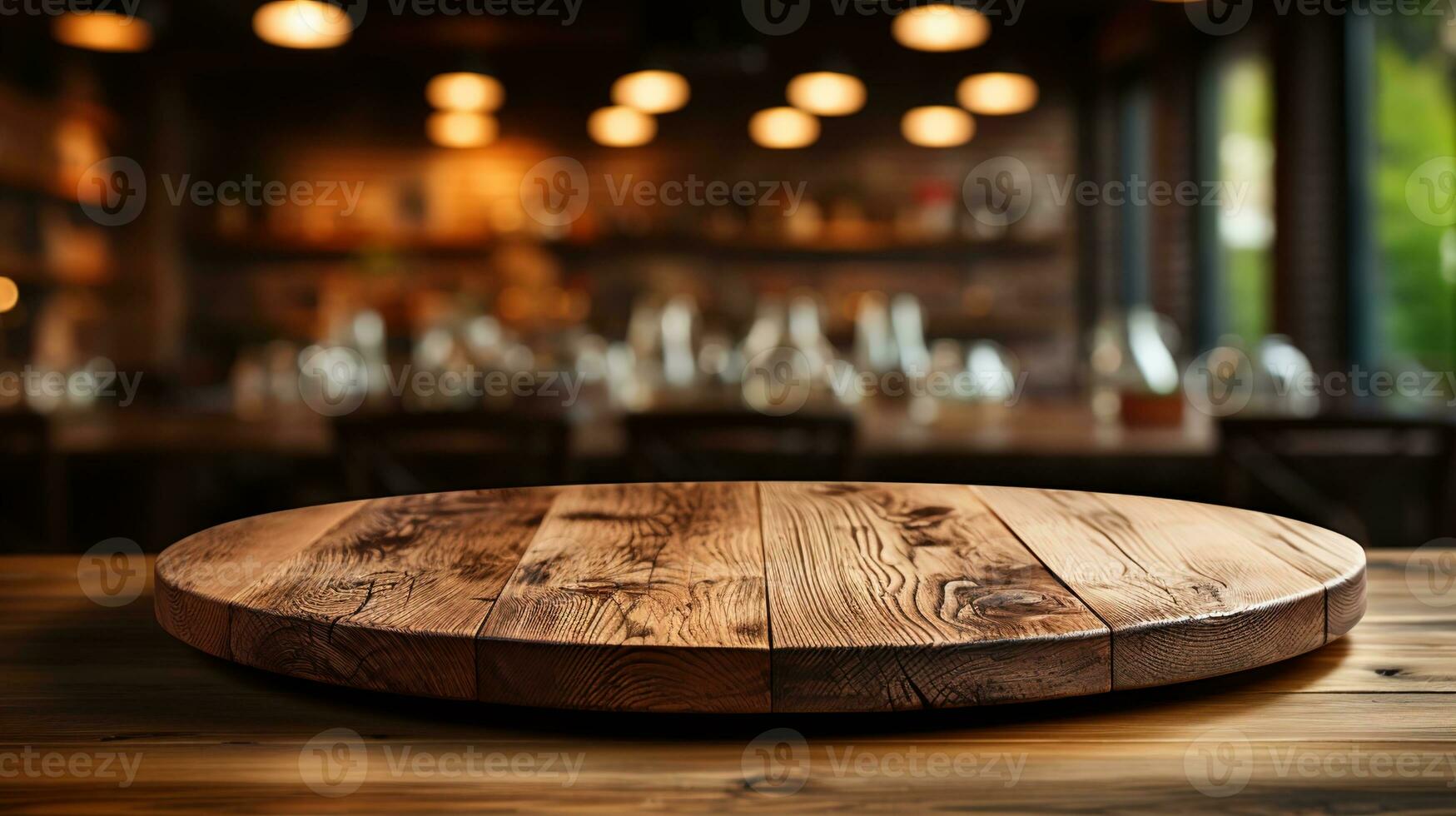 Natural Oak Wooden Table Mockup - Front View of Empty Blank Wood Table, Ideal for Product Placement with a Blurry Background. photo