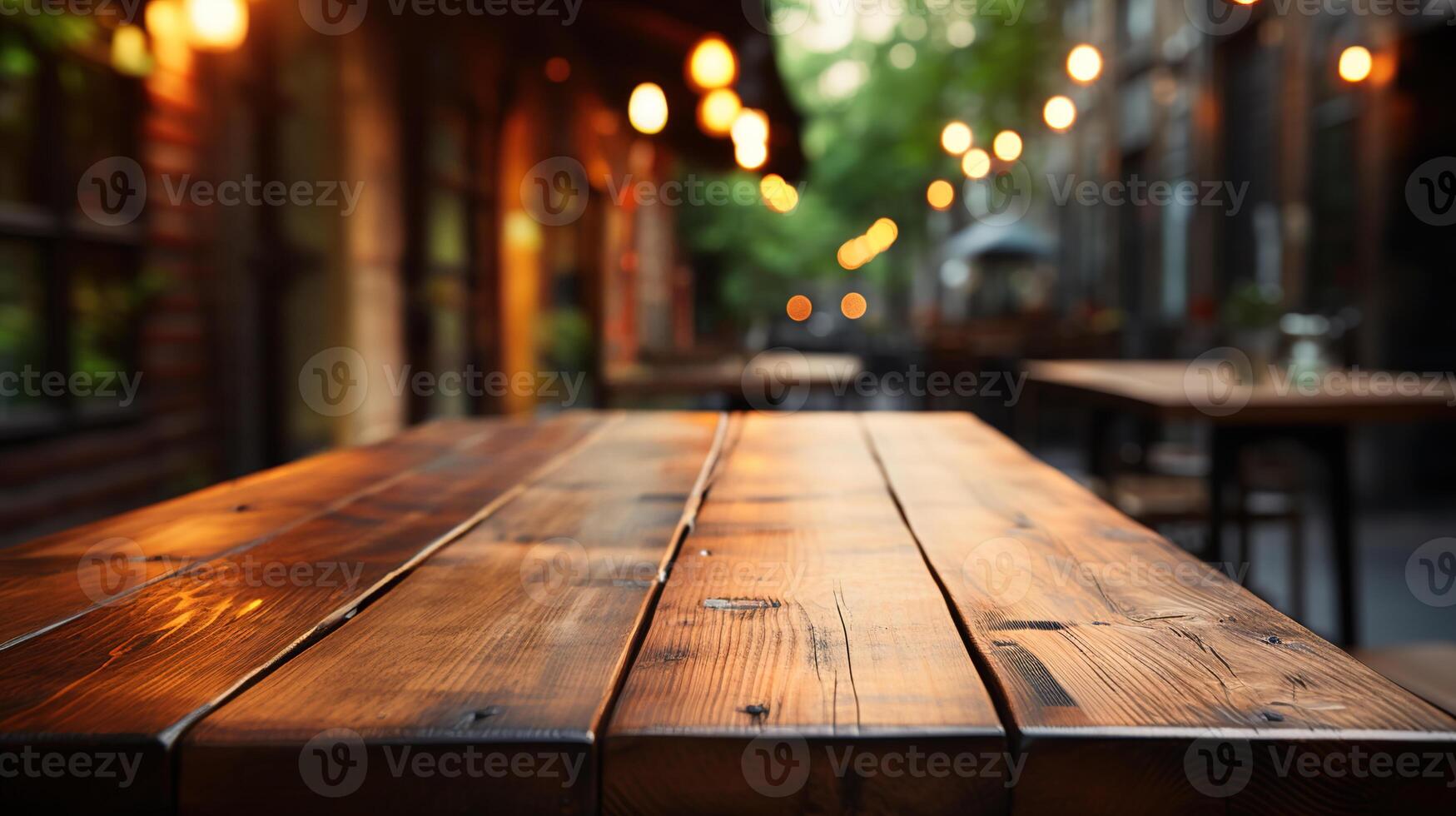 a front view of a dark rustic brown, empty wooden table for product placement with blurry background, serving as a blank wood table mockup, Ai generative photo