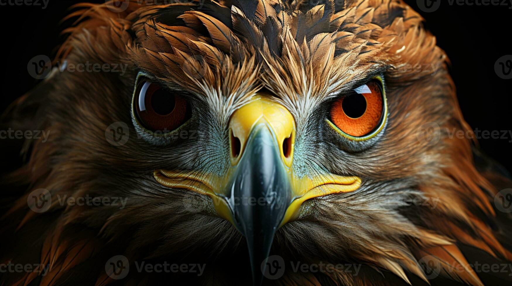 Intense Bird of Prey Gaze, Close-Up of Red-tailed Hawk's Eyes and Full Body on a Dramatic Black Background, Revealing Nature's Wonders, Ai generative photo