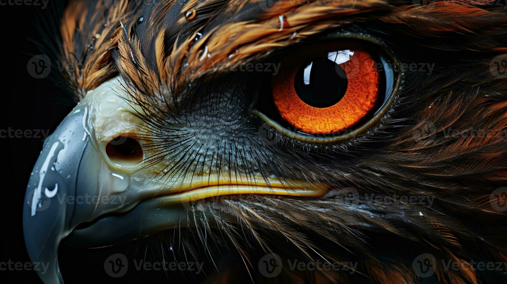 Intense Bird of Prey Gaze, Close-Up of Red-tailed Hawk's Eyes and Full Body on a Dramatic Black Background, Revealing Nature's Wonders, Ai generative photo