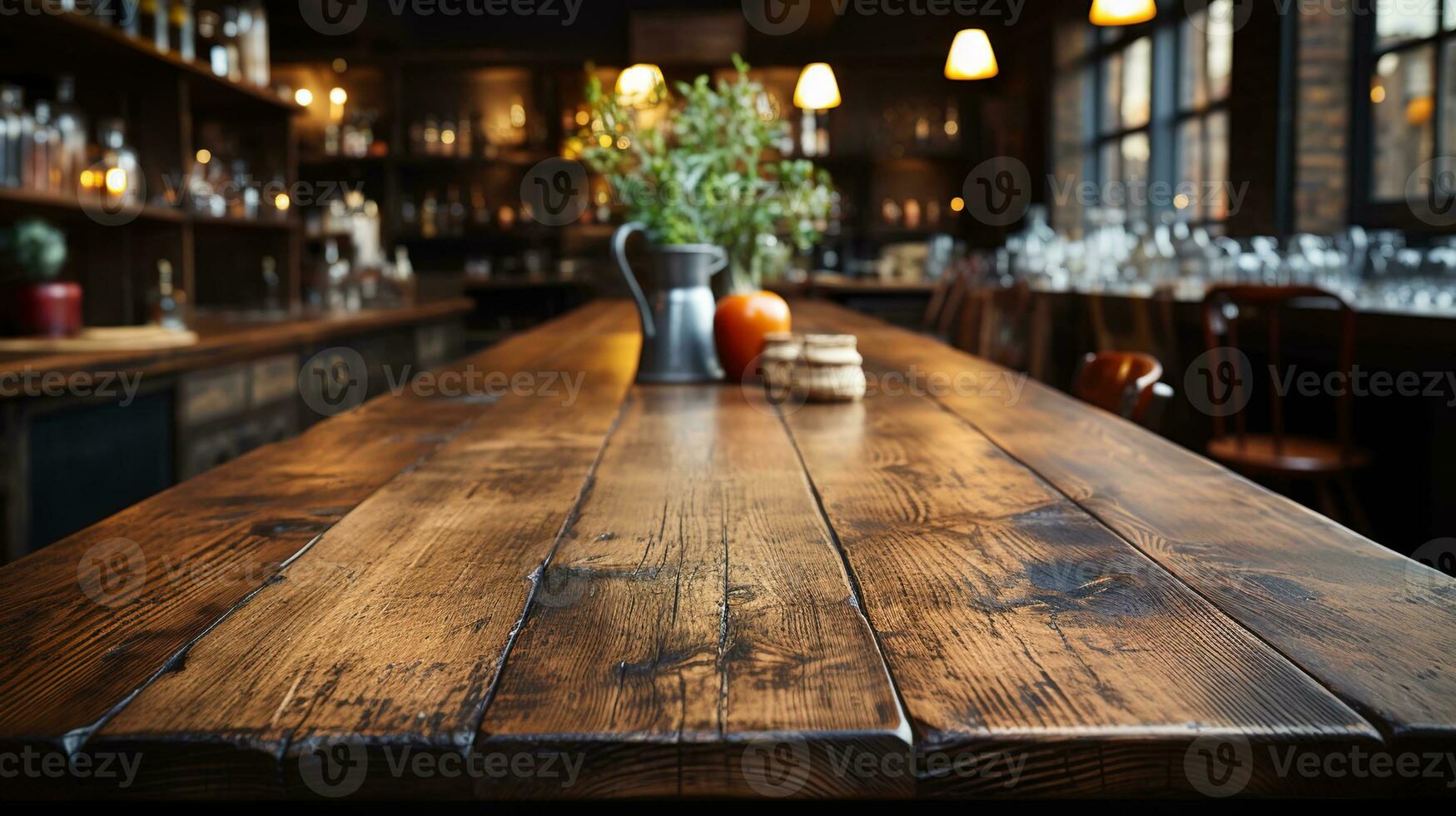 un frente ver de un oscuro rústico marrón, vacío de madera mesa para producto colocación con borroso fondo, servicio como un blanco madera mesa Bosquejo, ai generativo foto