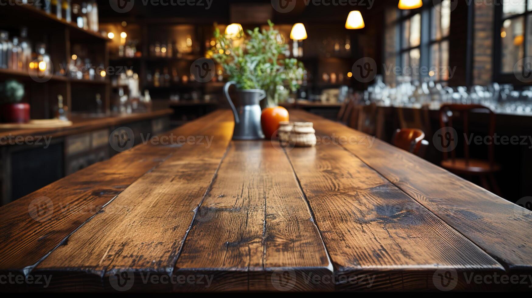 a front view of a dark rustic brown, empty wooden table for product placement with blurry background, serving as a blank wood table mockup, photo