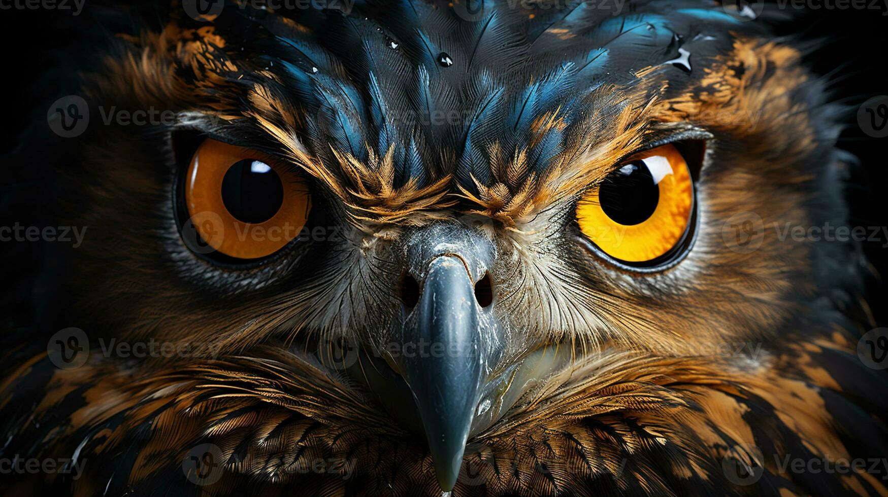 Close-Up of Owl's Eyes, Intense Yellow Eye Color on a Captivating Black Background, Capturing the Wildlife Predator's Vision, Ai generative photo