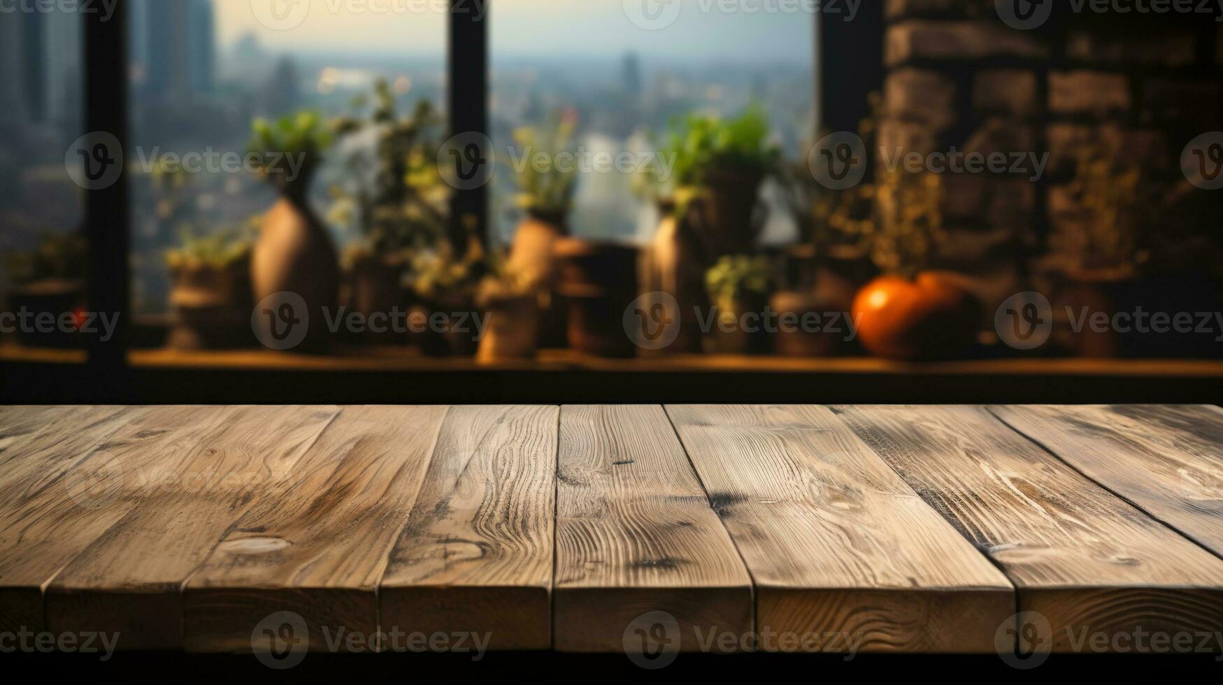 Natural Oak Wooden Table Mockup - Front View of Empty Blank Wood Table, Ideal for Product Placement with a Blurry Background. photo