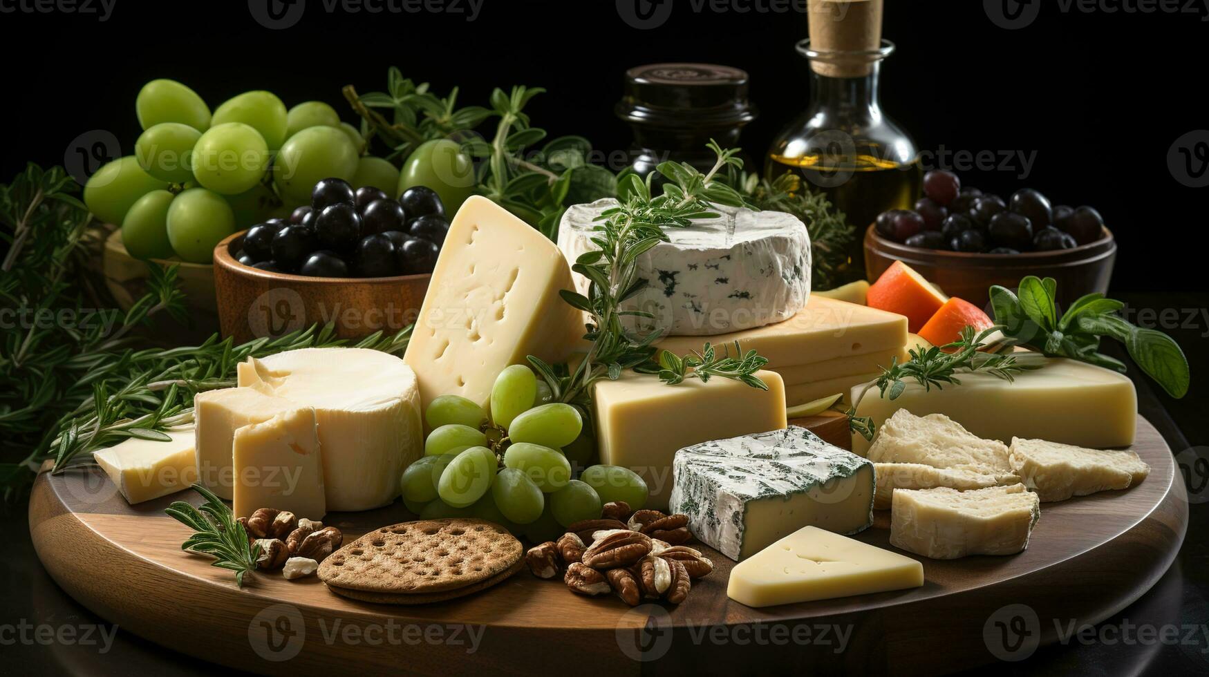 Messy Slices of Cheese, Cut into Different Shapes on Wooden Plates, Set on a Captivating Black Background, a Culinary Delight, Ai generative photo