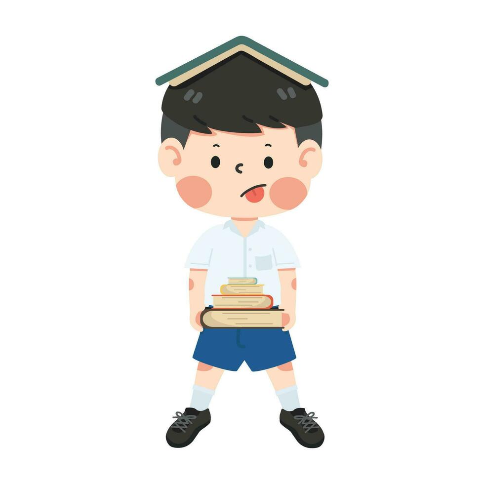 Cute boy student with books vector