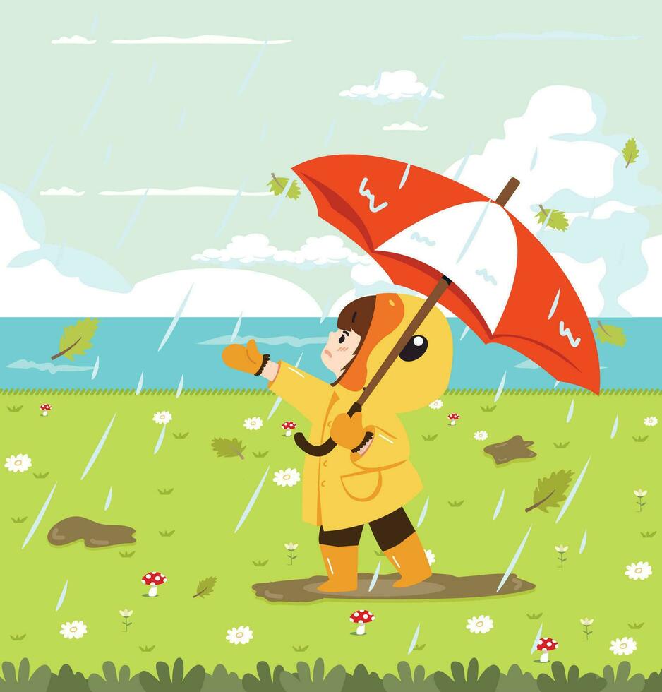 girl with umbrella and raincoat In The Fields vector