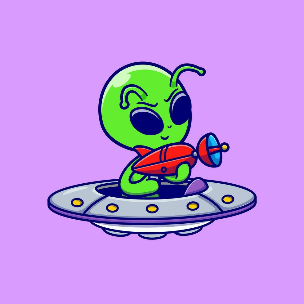 linda extraterrestre participación pistola en OVNI astronave dibujos animados vector icono ilustración. Ciencias tecnología icono concepto aislado prima vector. plano dibujos animados estilo