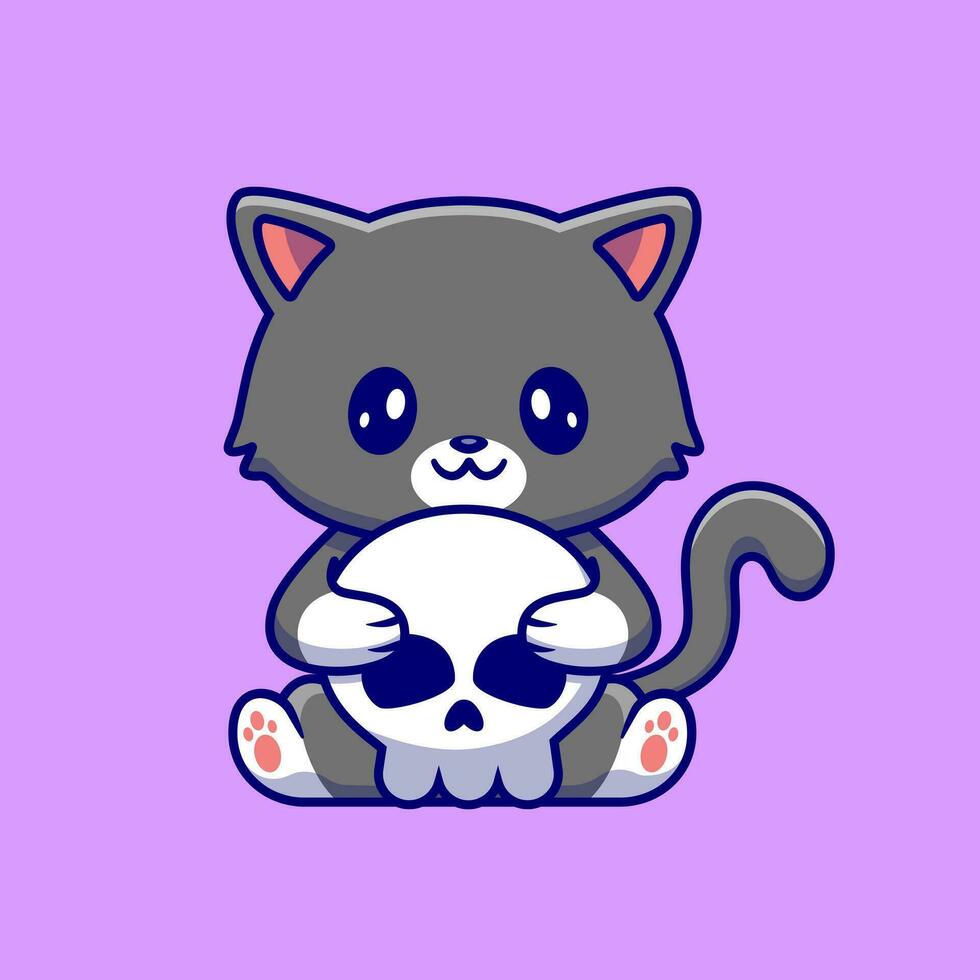 Cute Cat Holding Skull Bone Cartoon Vector Icon Illustration.  Animal Halloween Icon Concept Isolated Premium Vector.  Flat Cartoon Style