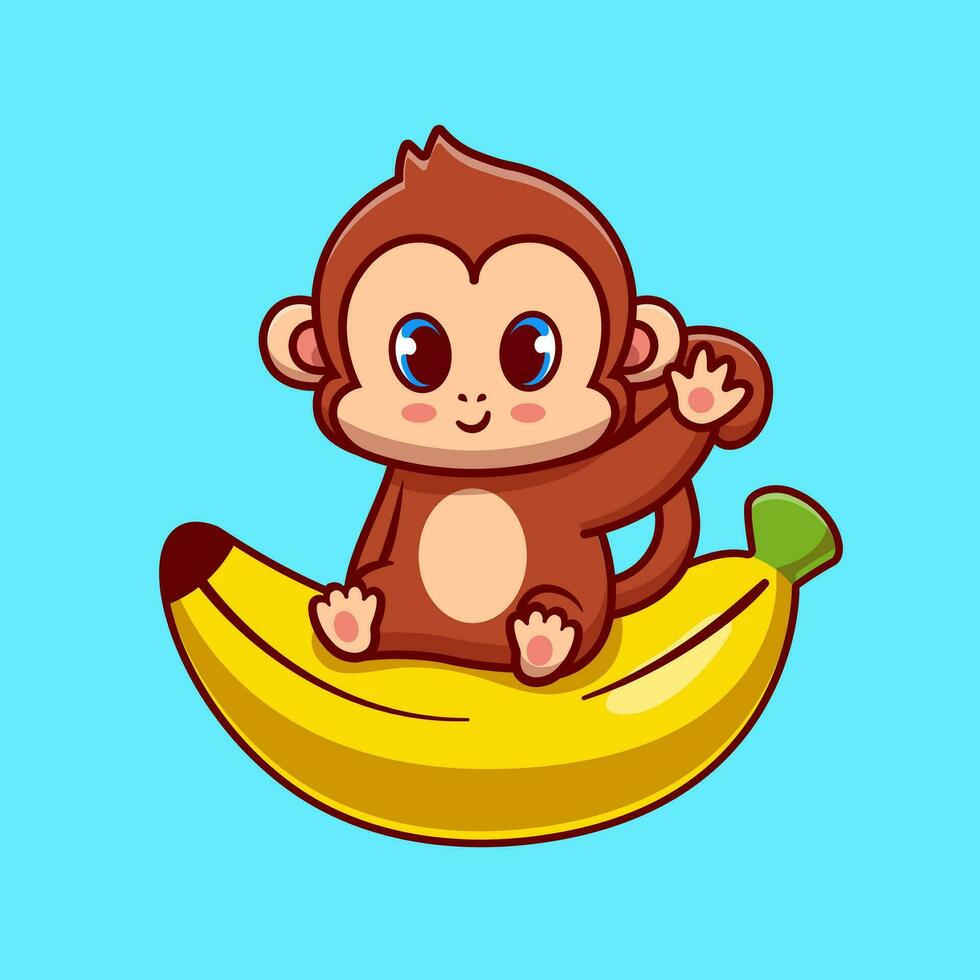 Cute Monkey Sitting On Banana Cartoon Vector Icon Illustration. Animal