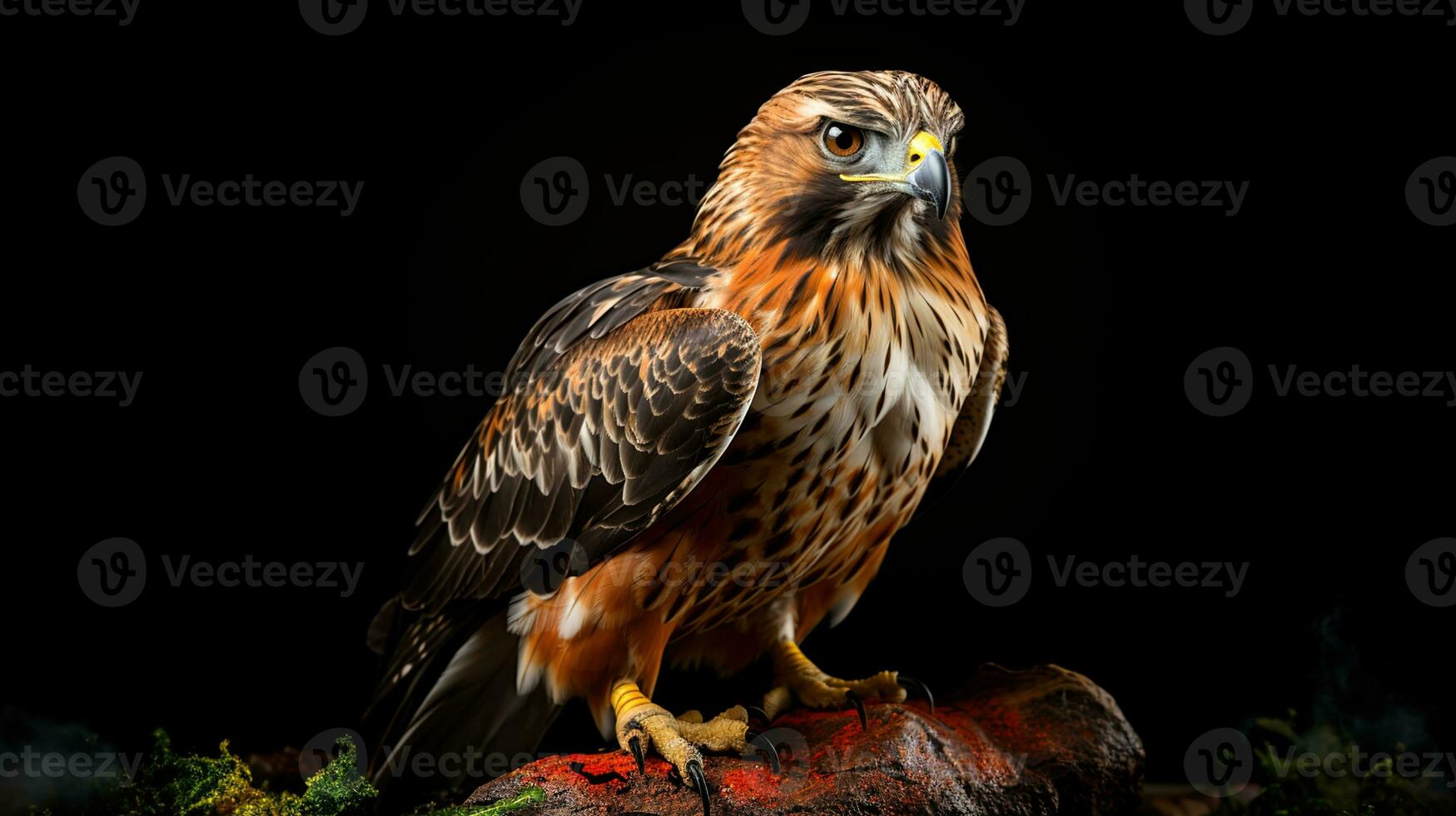 intenso pájaro de presa mirada, de cerca de cola roja de halcón ojos y lleno cuerpo en un dramático negro fondo, revelador de la naturaleza maravillas, ai generativo foto