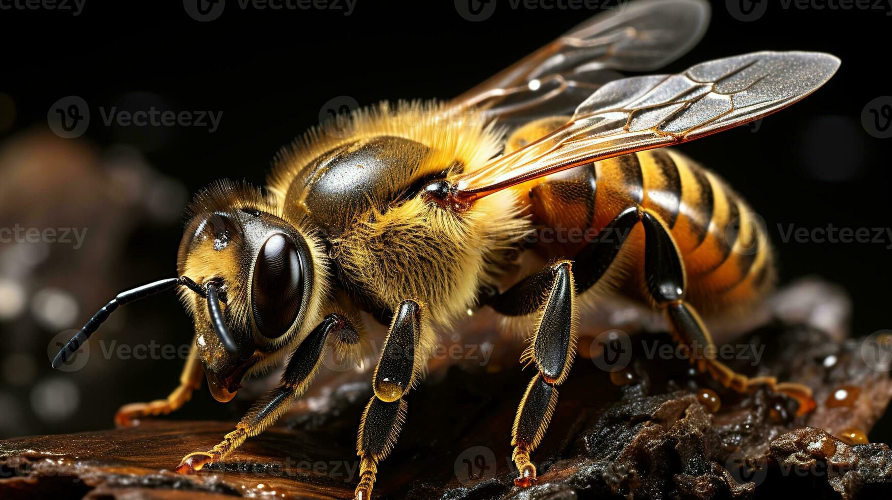 Close-Up of a Bee's Eyes - Striking Black Eye and Vibrant Orange Body on a Captivating Black Background, Capturing Nature's Beauty photo