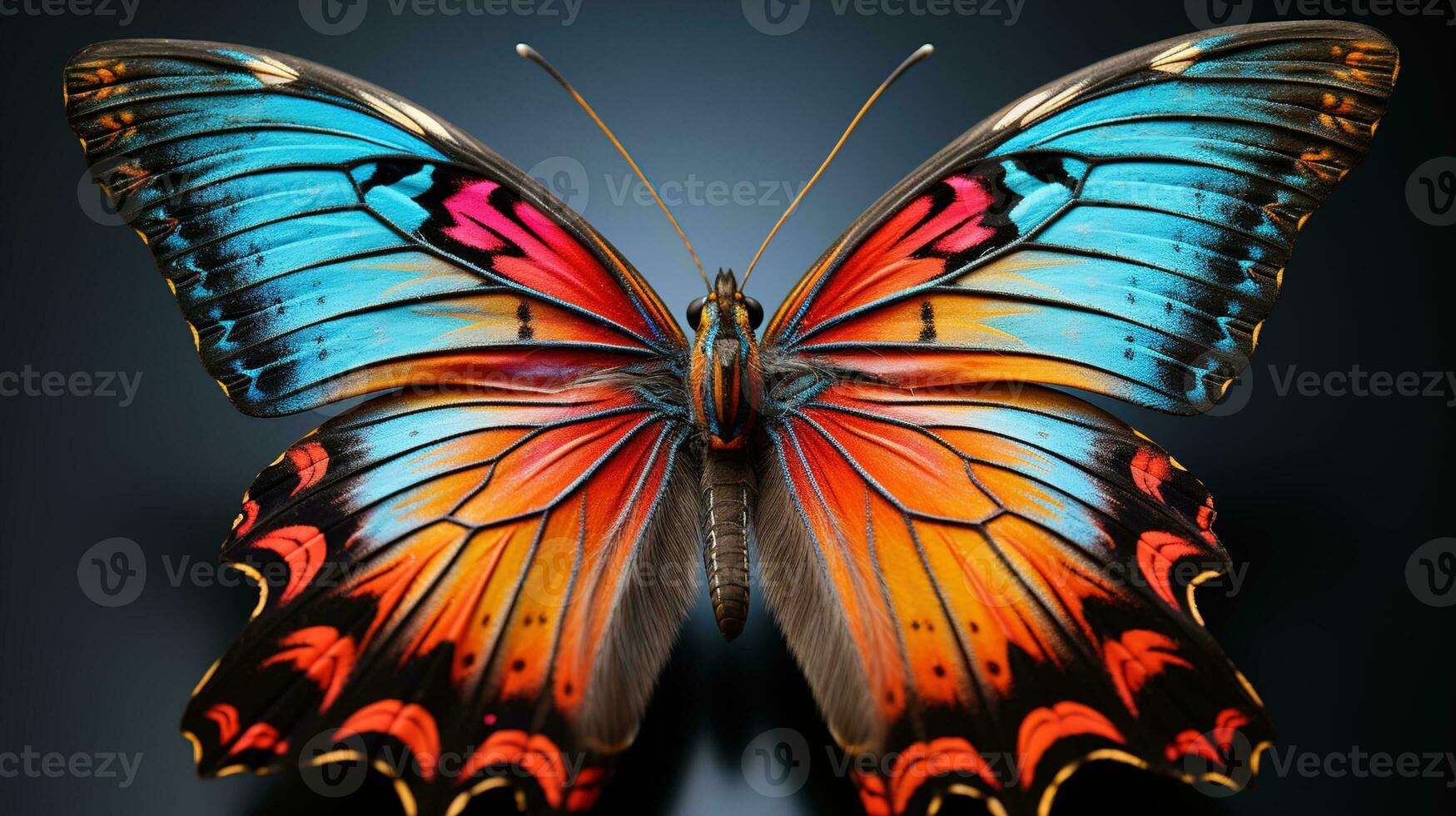 Close-Up of a Butterfly Eyes, Striking Orange Eye and Beautiful Blue Wings on a Captivating Black Background, Capturing Nature's Beauty photo