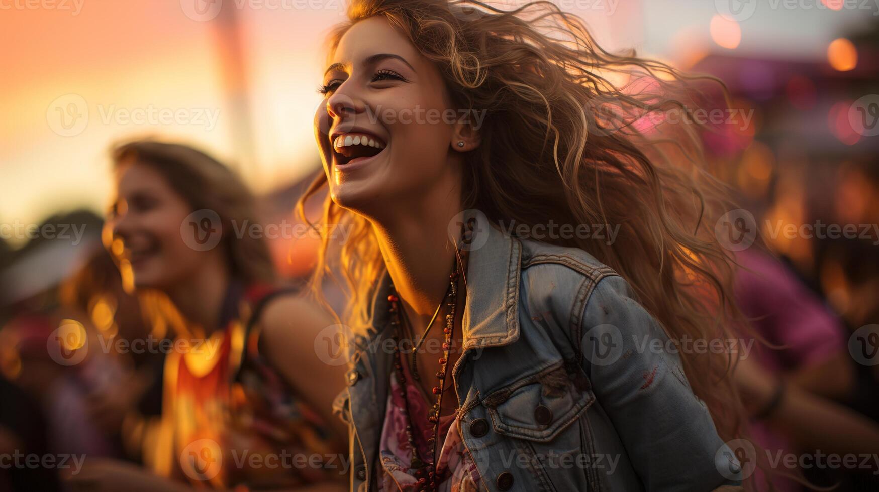 Young Women with friends Having a Very Good Time at Outdoor Concert, Bathed in Afternoon Light, Ai generative photo