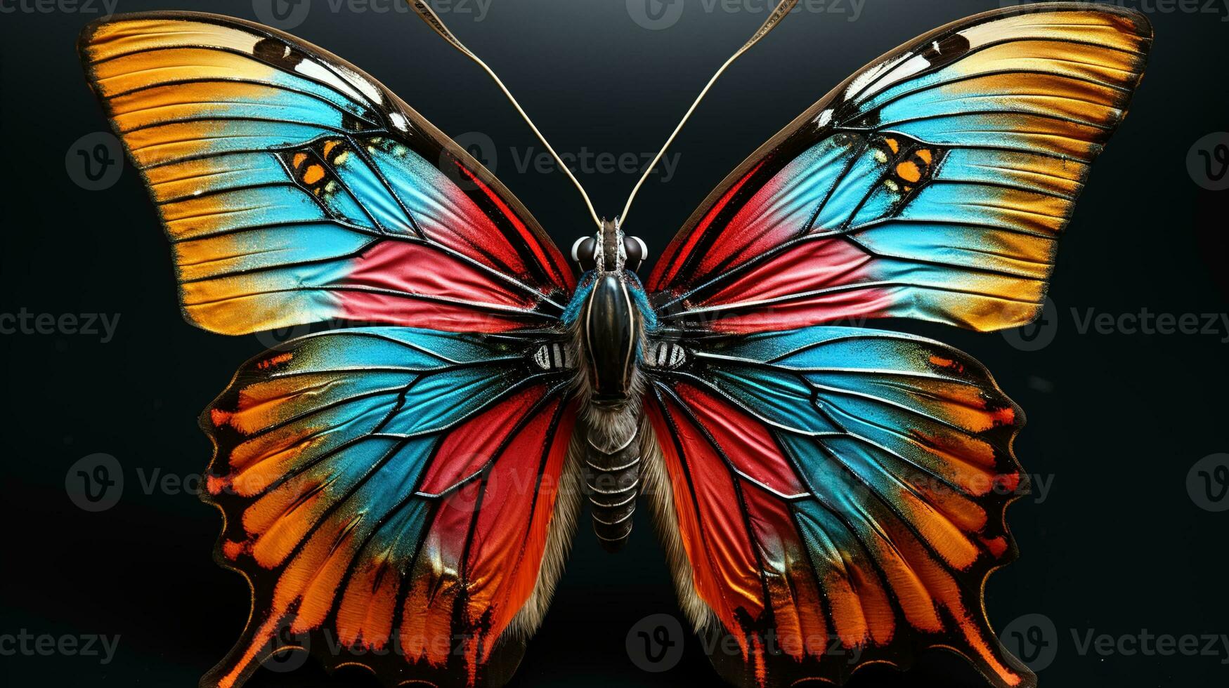 Close-Up of a Butterfly Eyes, Striking Orange Eye and Beautiful Blue Wings on a Captivating Black Background, Capturing Nature's Beauty photo