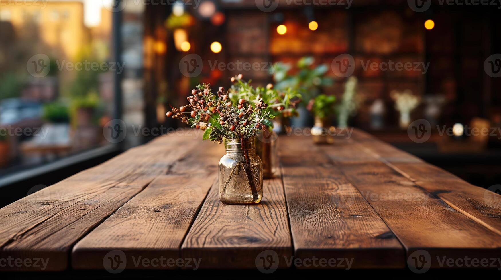a front view of a dark rustic brown, empty wooden table for product placement with blurry background, serving as a blank wood table mockup, photo
