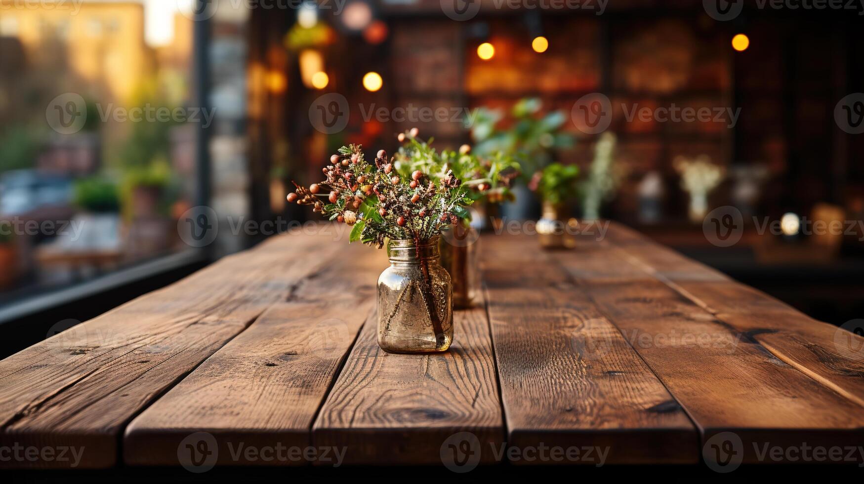 un frente ver de un oscuro rústico marrón, vacío de madera mesa para producto colocación con borroso fondo, servicio como un blanco madera mesa Bosquejo, ai generativo foto