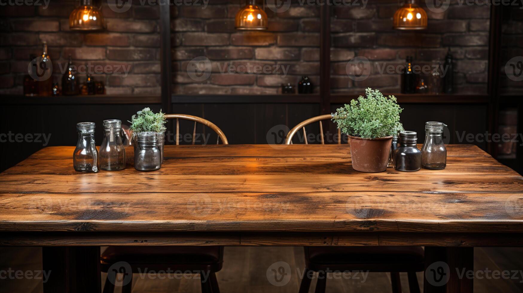 a front view of a dark rustic brown, empty wooden table for product placement with blurry background, serving as a blank wood table mockup, photo