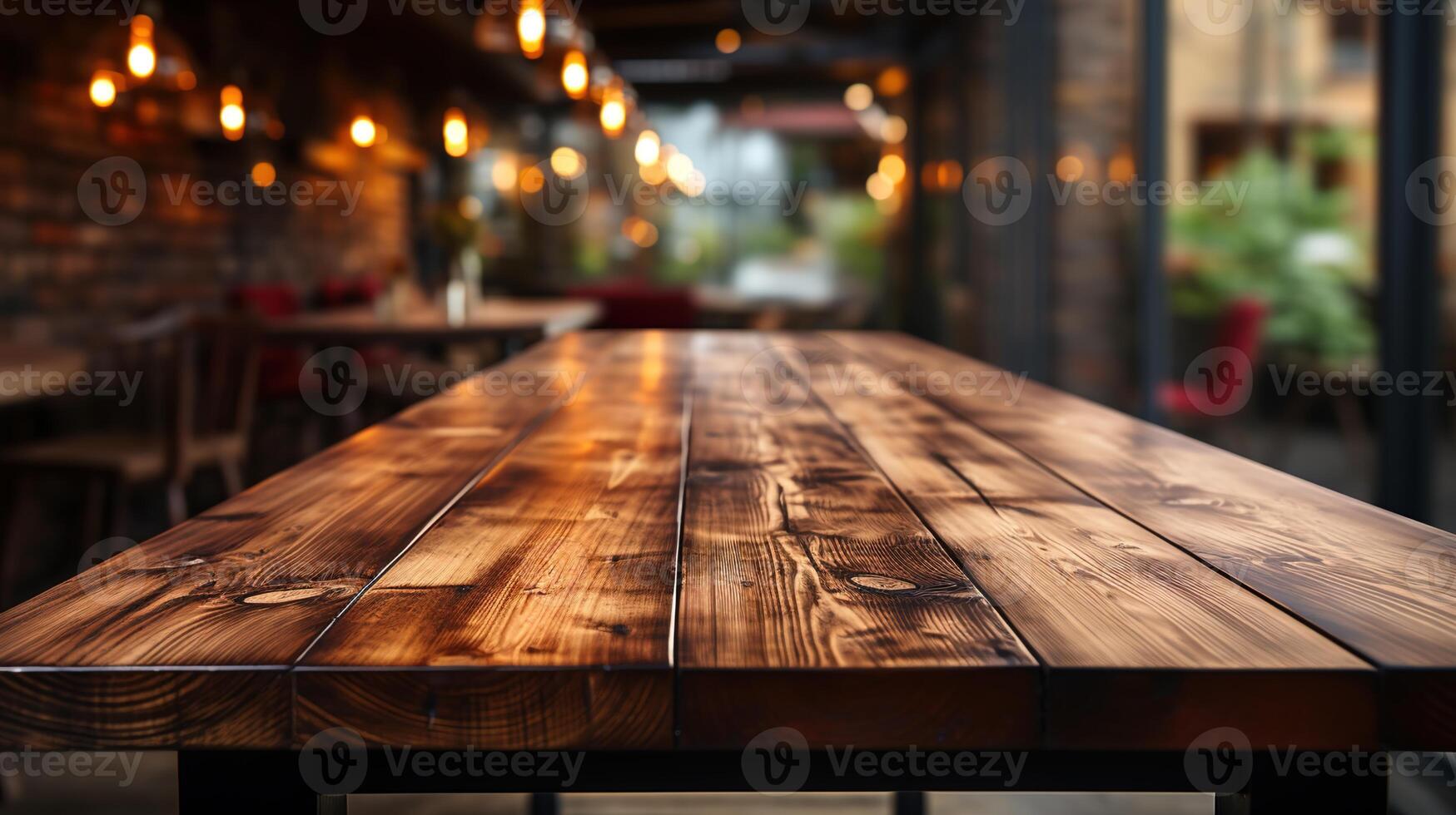 a front view of a dark rustic brown, empty wooden table for product placement with blurry background, serving as a blank wood table mockup, photo