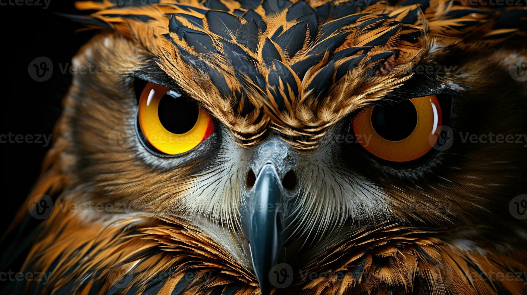 Close-Up of Owl's Eyes, Intense Yellow Eye Color on a Captivating Black Background, Capturing the Wildlife Predator's Vision, Ai generative photo