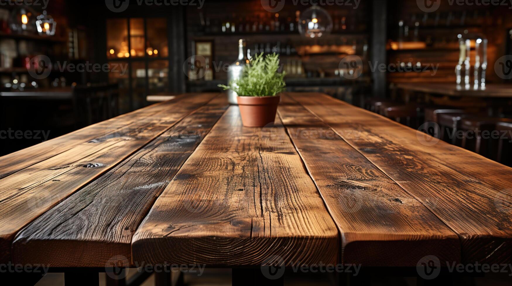 a front view of a dark rustic brown, empty wooden table for product placement with blurry background, serving as a blank wood table mockup, Ai generative photo