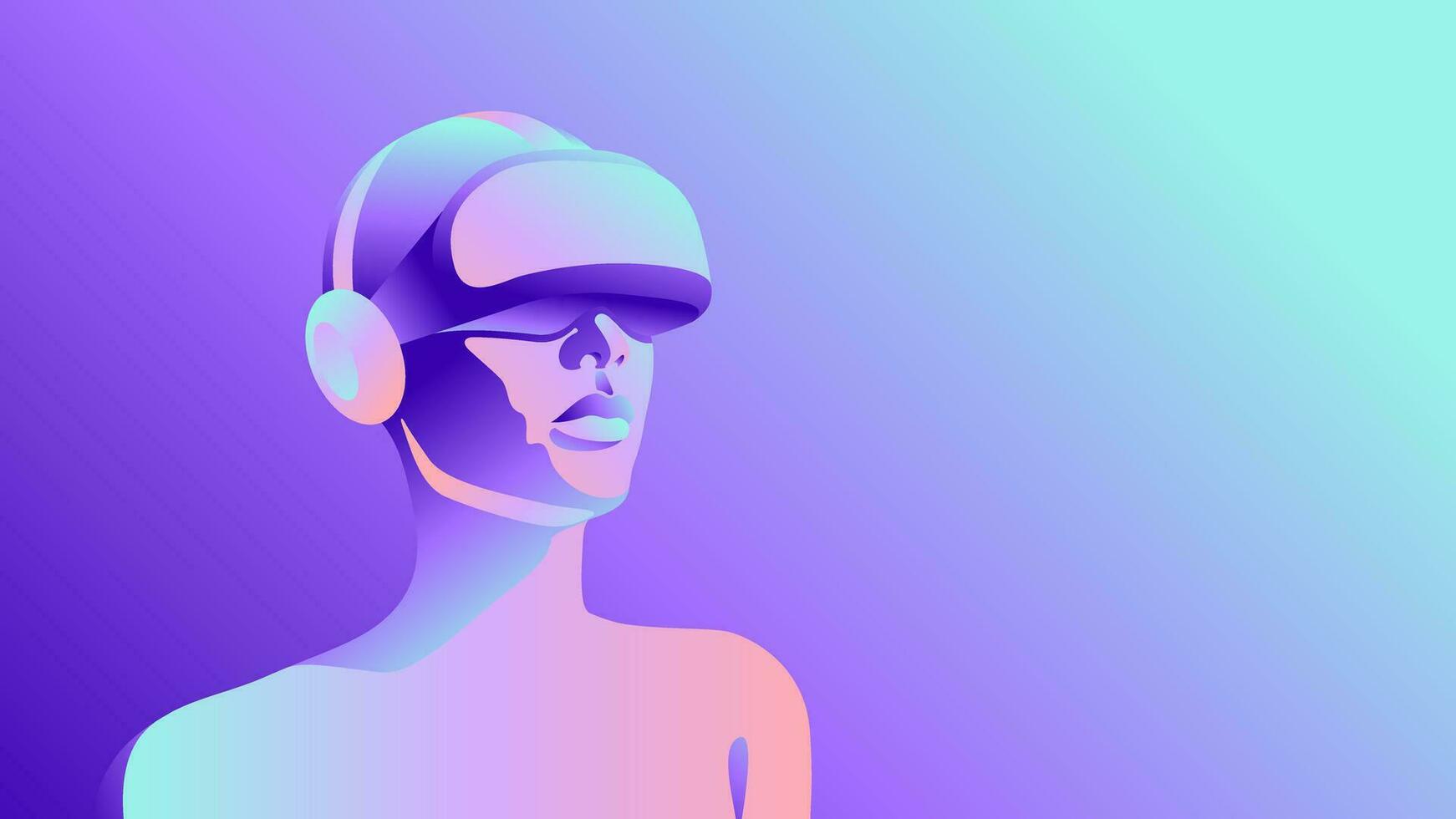 Vector Horizontal Metaverse Illustration. Man in VR Glasses with Beautiful Gradients