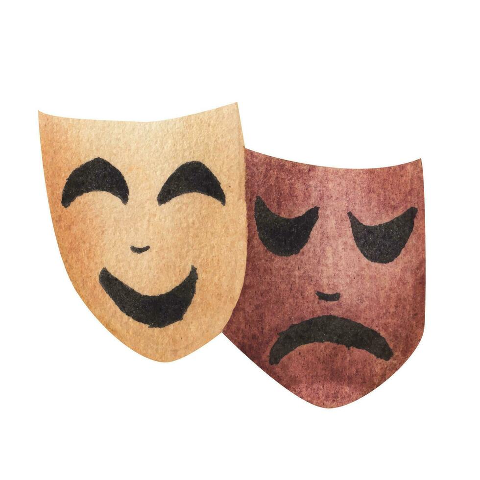 tragicomedy mask theater ancient greece. watercolor illustration vector