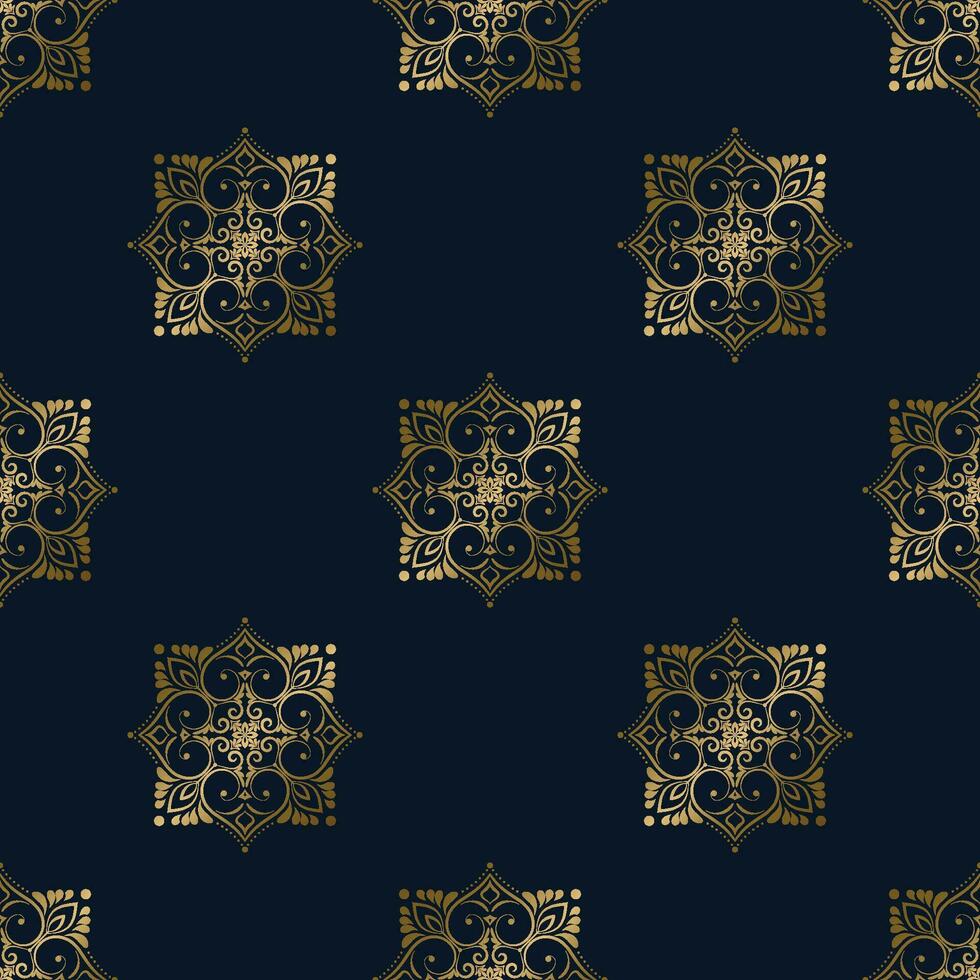 Seamless golden ornamental pattern on dark blue background. vector