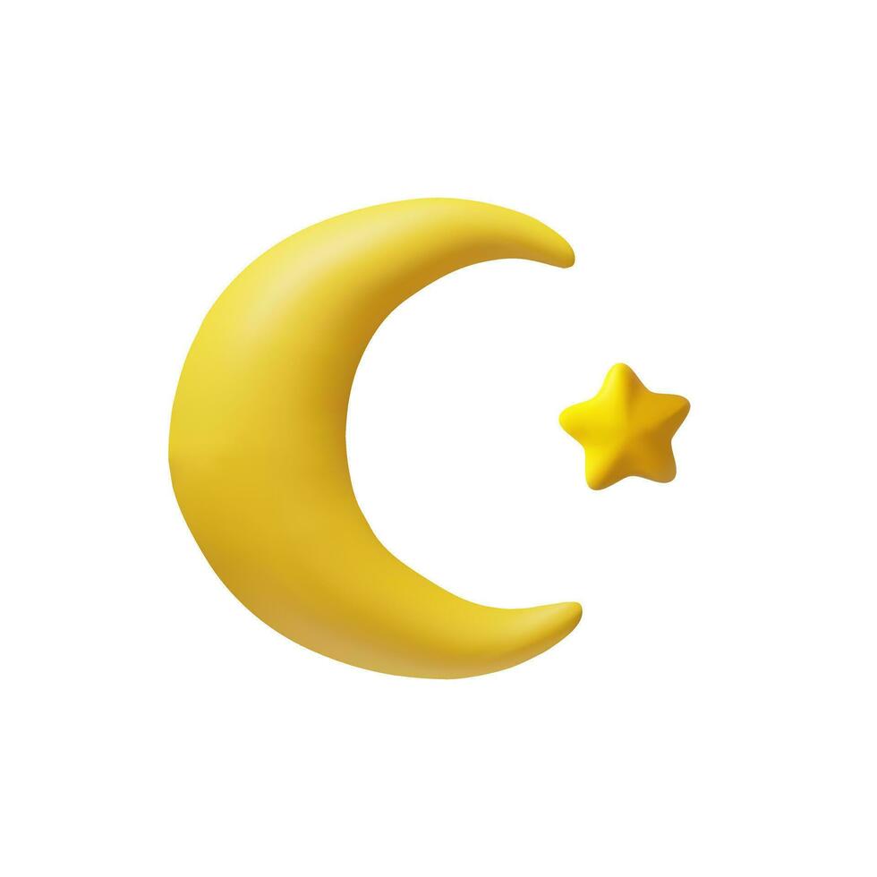 3D render islamic crescent symbol. Vector yellow moon and star. Arabic element for Ramadan selebration. Islamic symbol in plastic style. Space elements in night sky