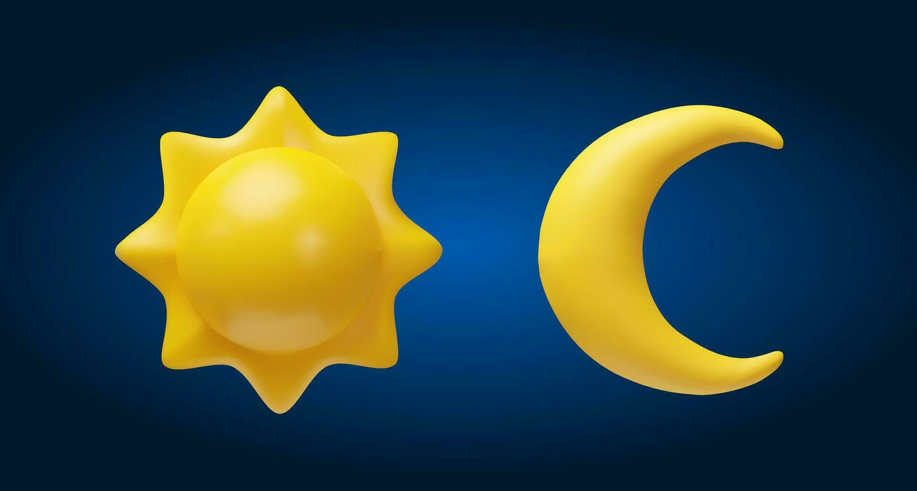 3D render sun, moon and crescent. Realistic space elements vector illustration in clay style. Meteorology set of weather's symbols. Cartoon set of astronomy. Bright climate concept