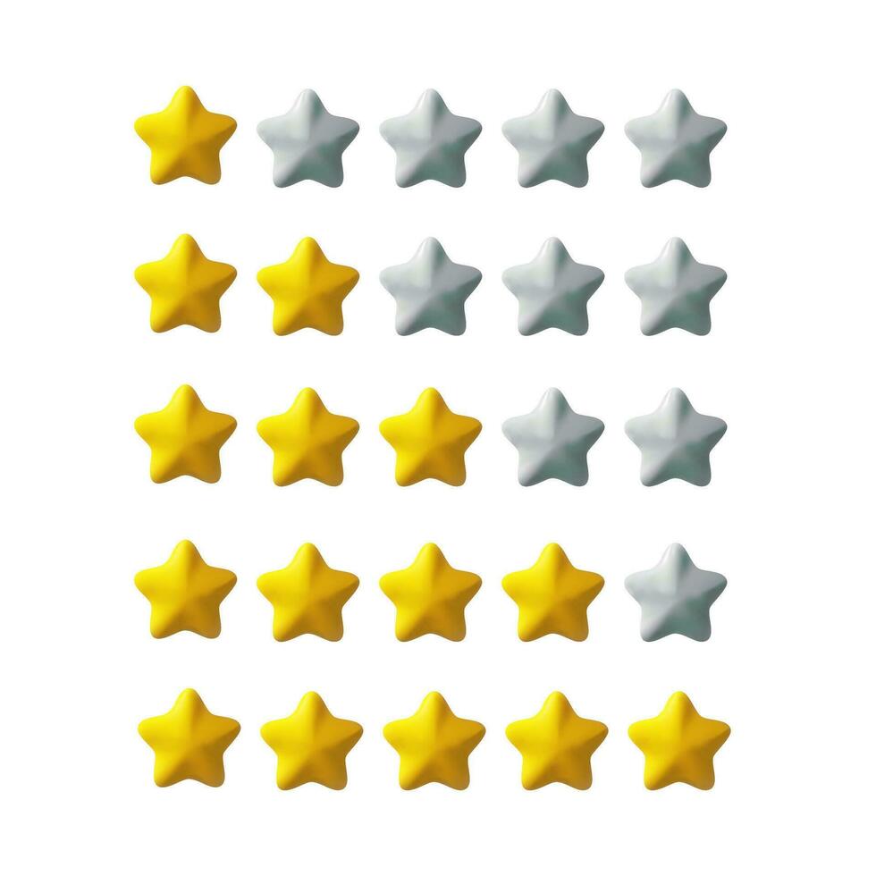 3D render stars for rating. Five quality symbol. Vector elements in clay style. Best gold rank. Shiny sistem elements for ranking. Statistics symbol of voiting. Make your choice