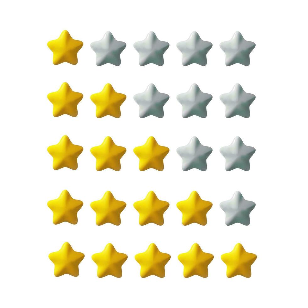 3D render stars for rating. Five quality symbol. Vector elements in clay style. Best gold rank. Shiny sistem elements for ranking. Statistics symbol of voiting. Make your choice