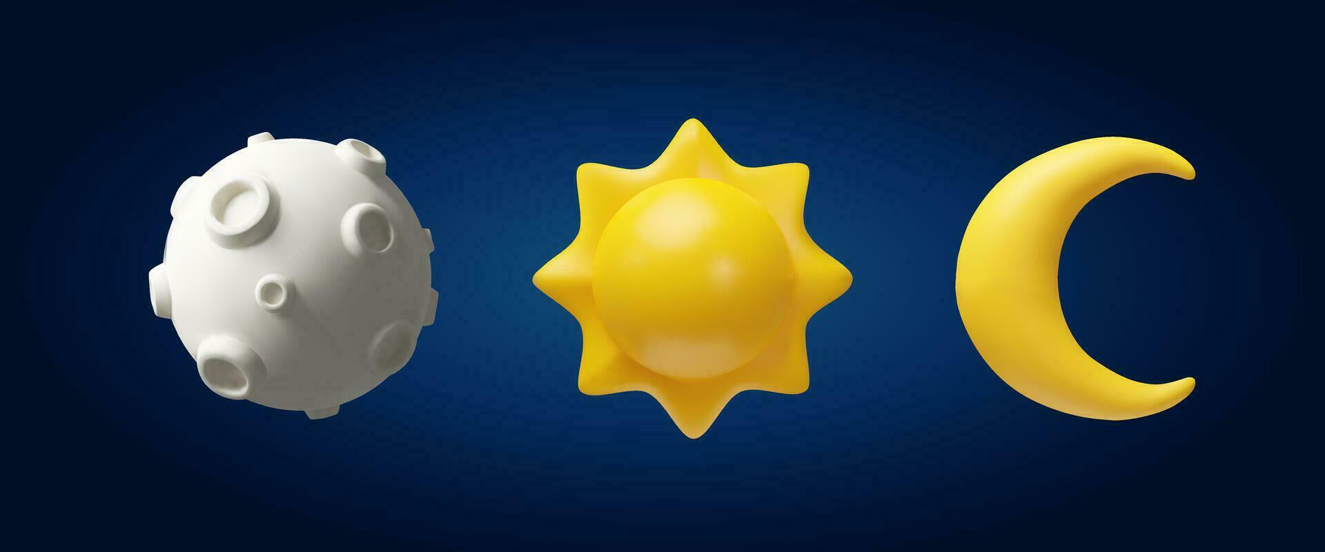 3D render sun, moon and crescent. Realistic space elements vector illustration in clay style. Meteorology set of weather's symbols. Cartoon set of astronomy