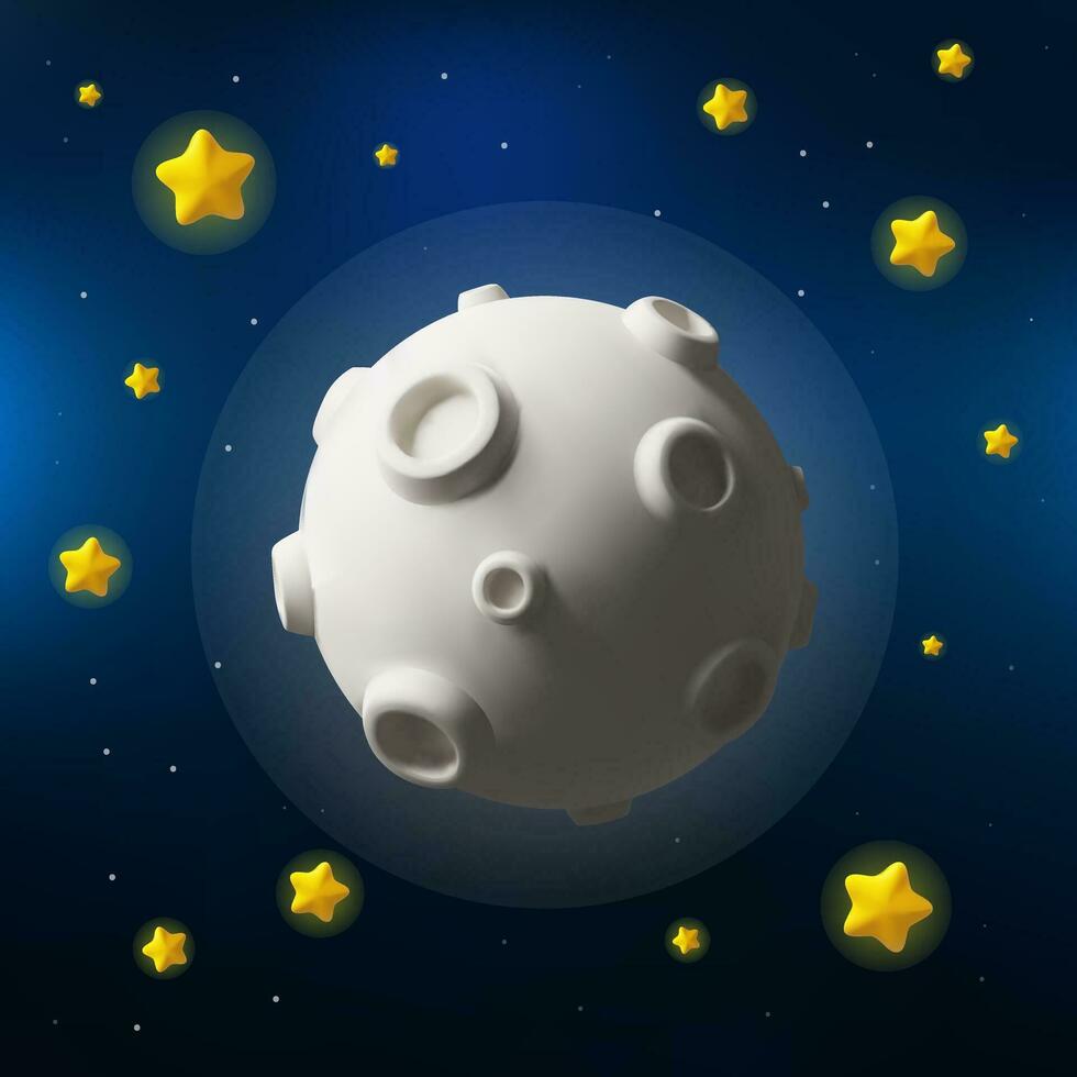 3d render cartoon full moon with crater and glowing moonlight. Star shape objects in night sky. Vector illustration about space in clay style. Astronomy banner.