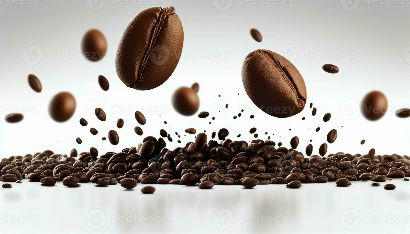 Coffee beans falling on the on white background, coffee beans float above a white background, Generative AI photo