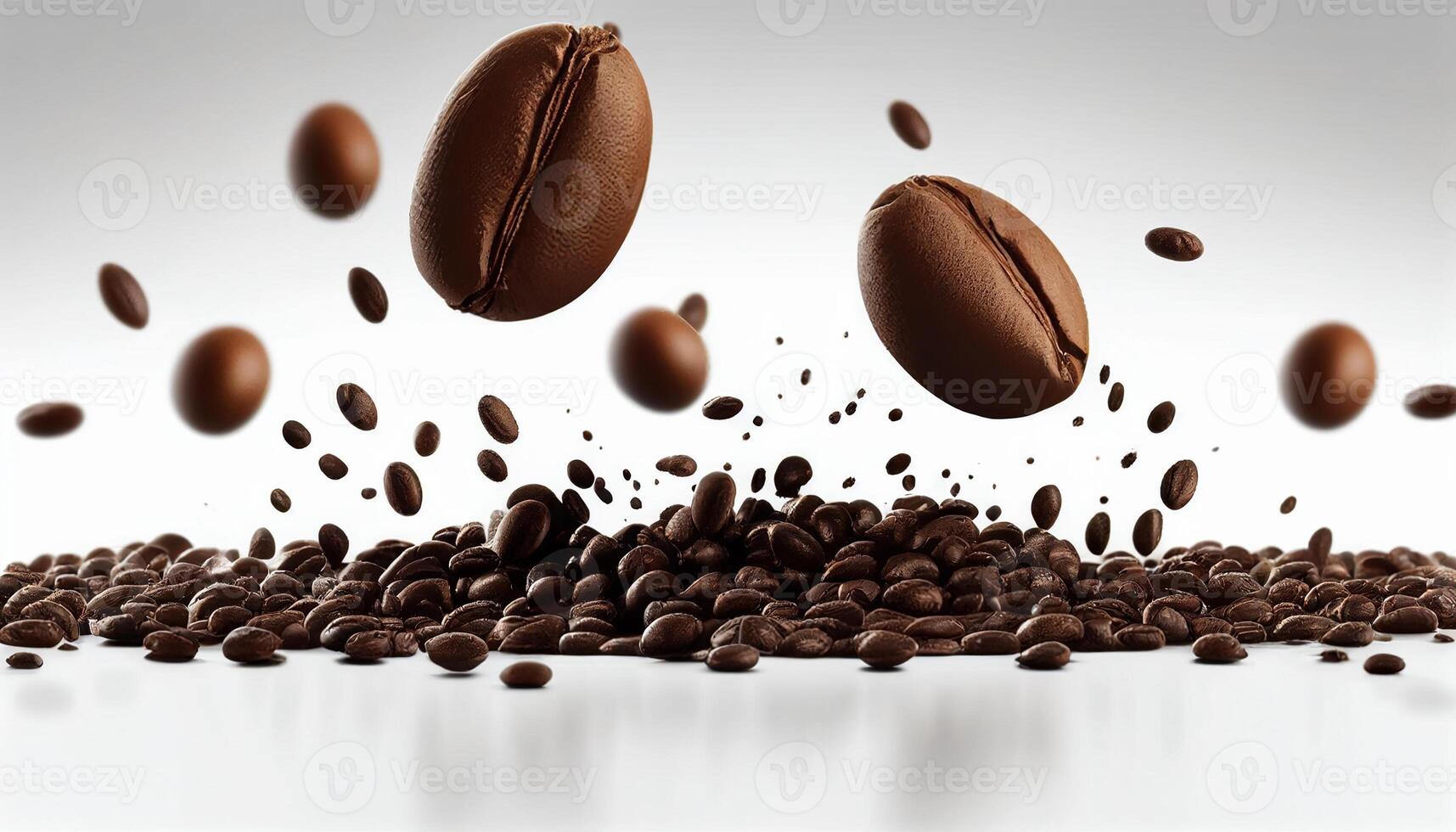 Coffee beans falling on the on white background, coffee beans float above a white background, photo
