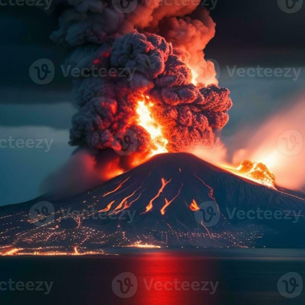 volcán erupción con masivo alto estallidos de lava y caliente nubes altísimo alto dentro el cielo, piroclástico fluir foto