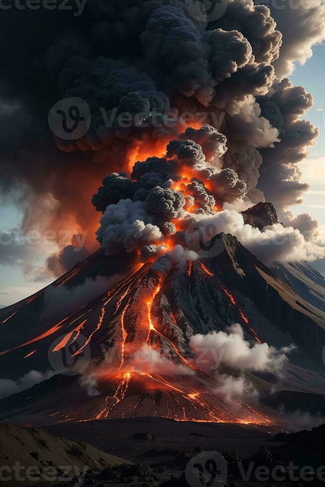 volcano eruption with massive high bursts of lava and hot clouds soaring high into the sky, pyroclastic flow photo