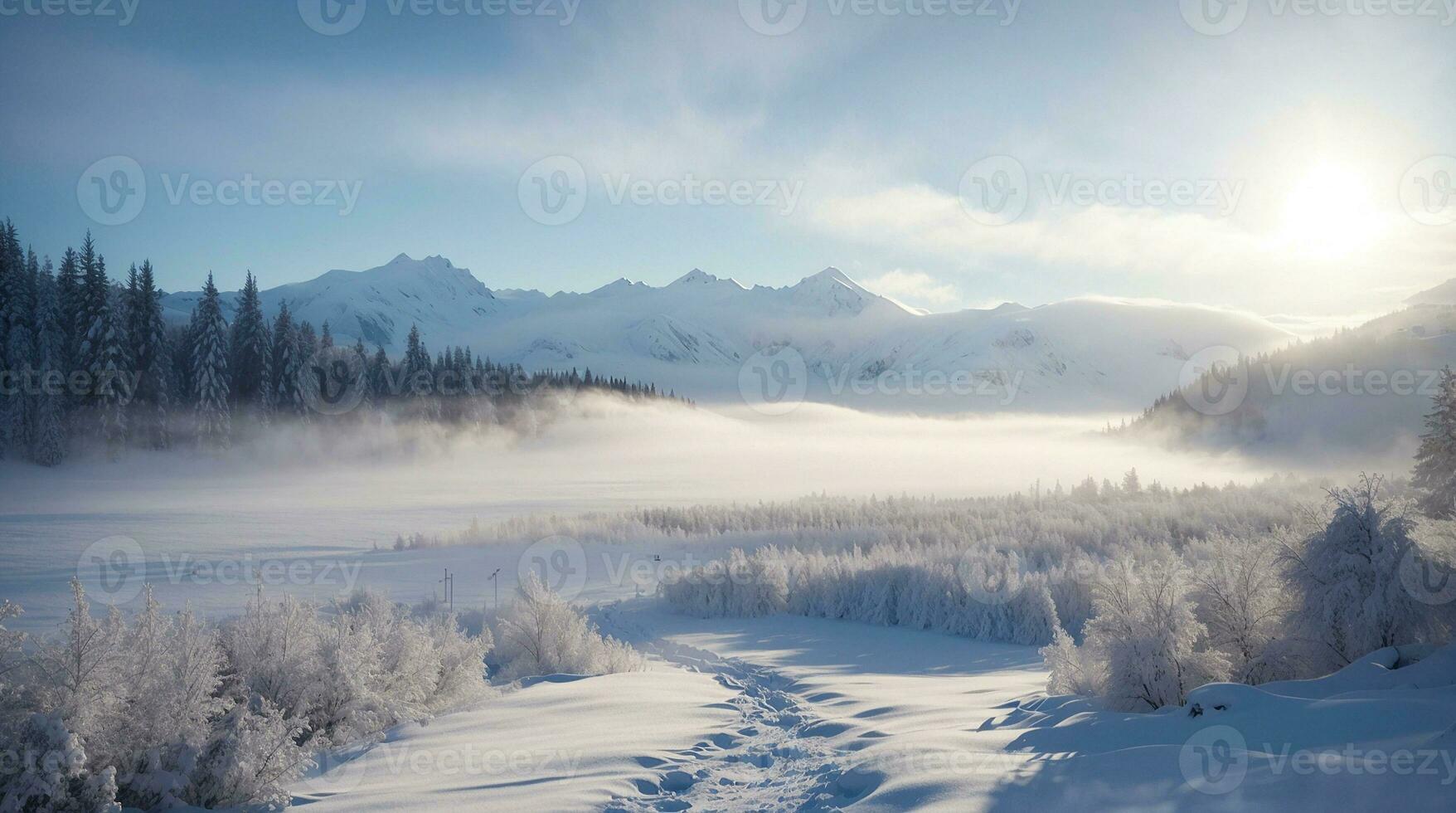 beautiful cold morning winter snow background with trees forest and mountain in the background, Gently snow view against the blue sky, free space for your decoration photo