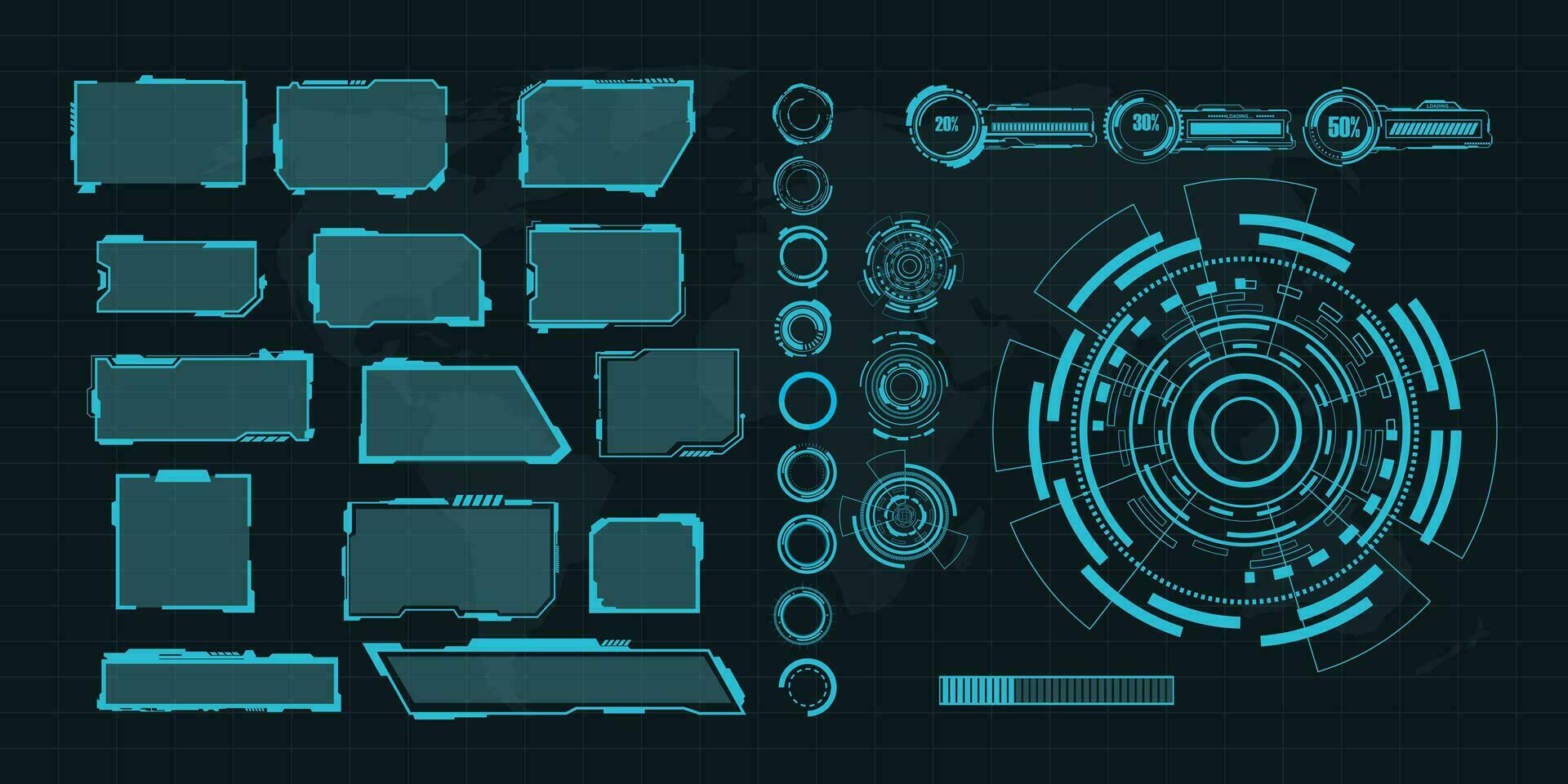 paquete de conjunto de elementos hud de interfaz digital. interfaz de usuario, pantallas de marco. títulos de llamadas, conjunto de círculos fui, barras de carga. pantalla de tecnología de realidad del tablero. vector