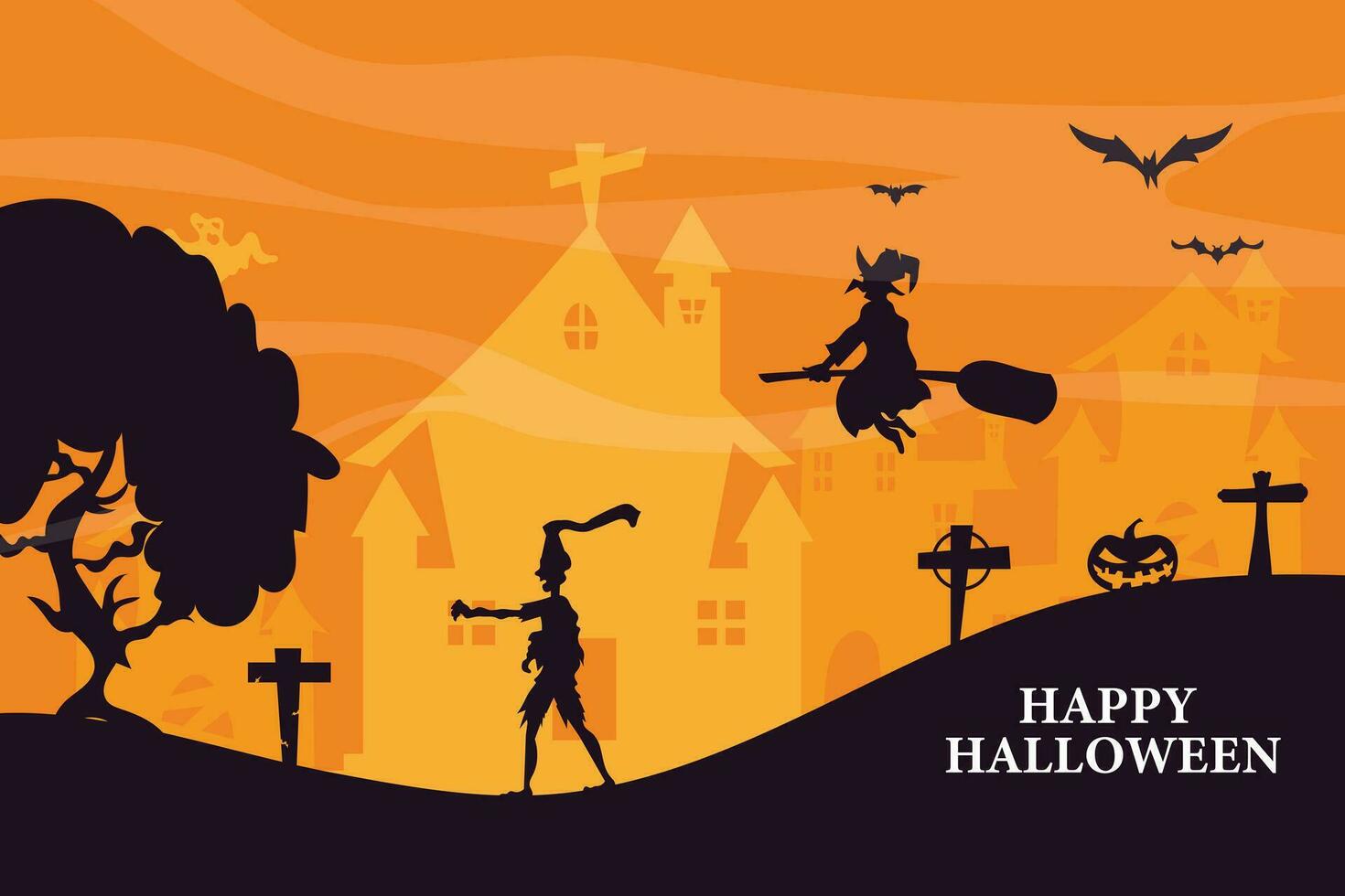 Happy halloween poster, trick or treat card, halloween party background, flyer template with horror elements, halloween vector illustration