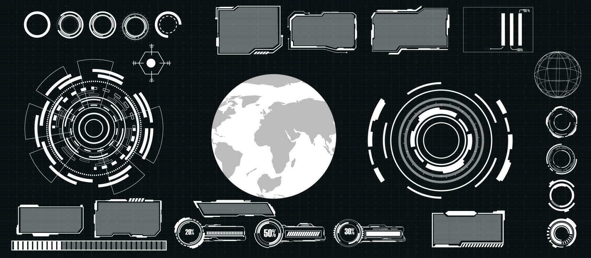 digital interface HUD elements set pack. User Interface, frame screens. Callouts titles, FUI circle set, Loading bars. Dashboard reality technology screen. Vector